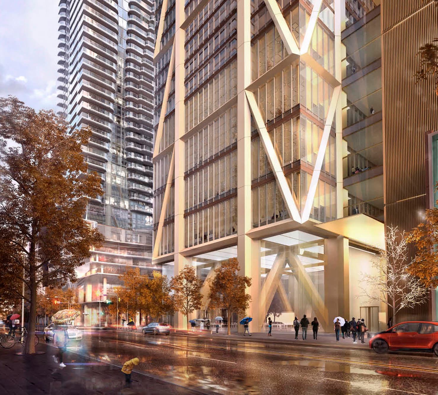 The champagne-bronze exoskeleton of One Bloor West at street level