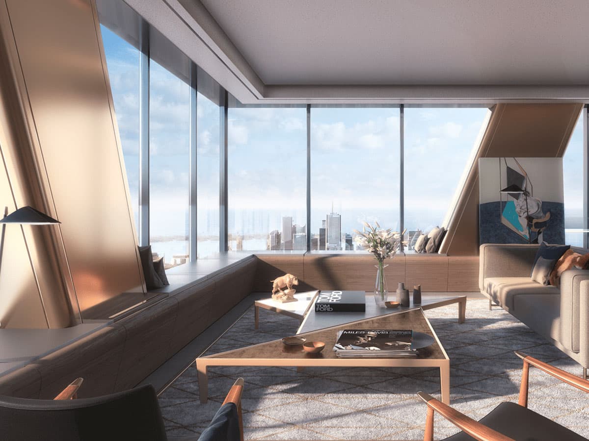 A light-filled One Bloor West living room with full-height glass over the city and lake